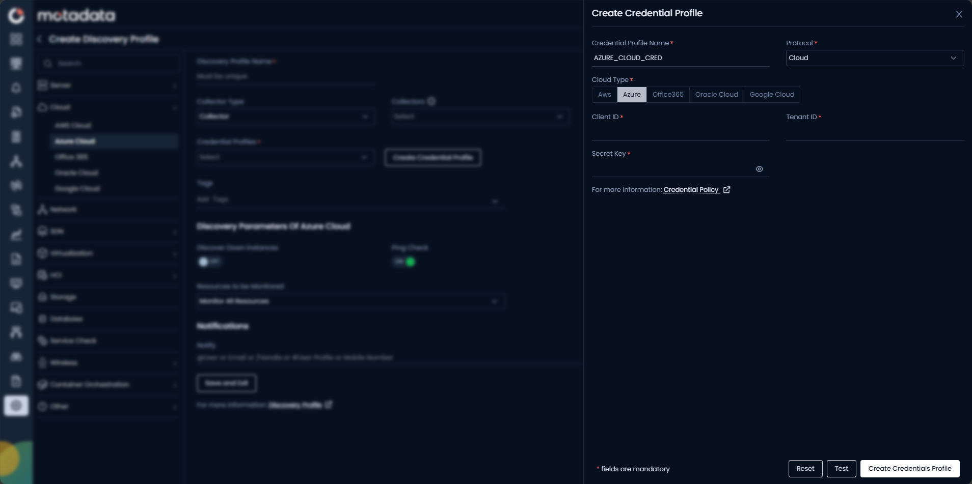 Create Credential Profile form with Cloud protocol and Azure tab selected